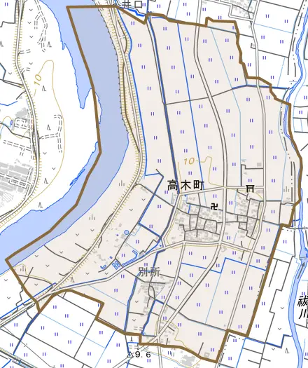 高木町とその周辺の地図。町の範囲を重ねている