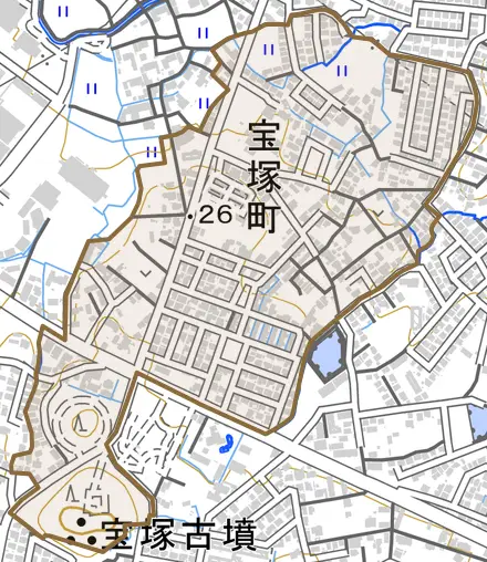 宝塚町とその周辺の地図。町の範囲を重ねている