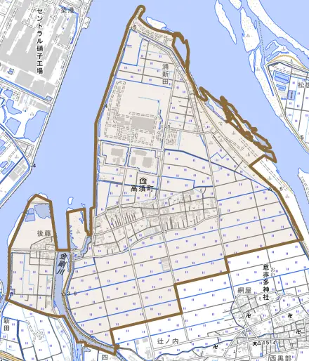高須町とその周辺の地図。町の範囲を重ねている