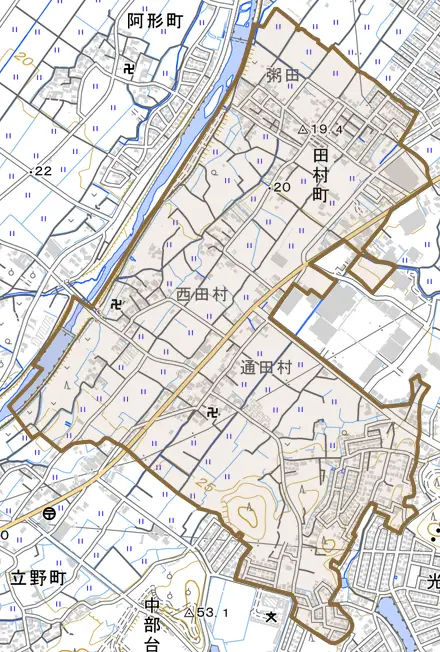田村町とその周辺の地図。町の範囲を重ねている