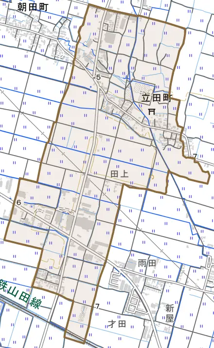 立田町とその周辺の地図。町の範囲を重ねている