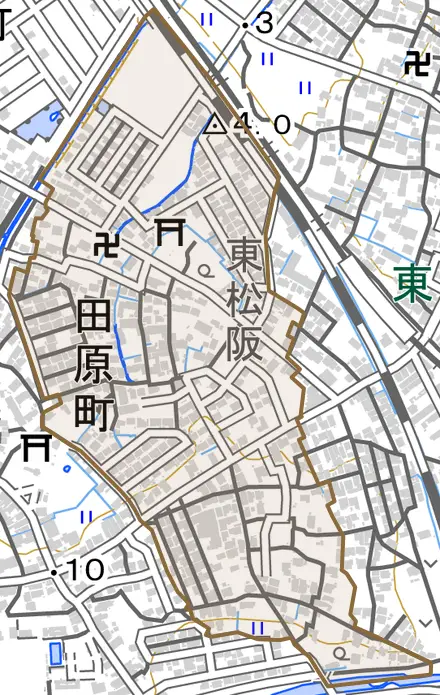 田原町とその周辺の地図。町の範囲を重ねている
