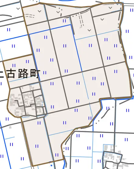 土古路町とその周辺の地図。町の範囲を重ねている