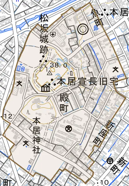 殿町とその周辺の地図。町の範囲を重ねている