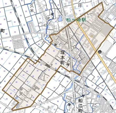 塚本町とその周辺の地図。町の範囲を重ねている