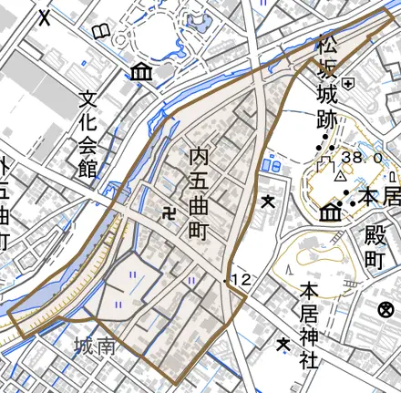 内五曲町とその周辺の地図。町の範囲を重ねている
