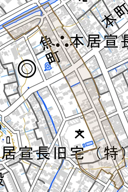 魚町とその周辺の地図。町の範囲を重ねている