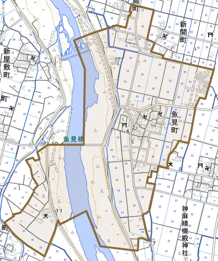 魚見町とその周辺の地図。町の範囲を重ねている