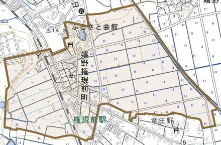 嬉野権現前町とその周辺の地図。町の範囲を重ねている
