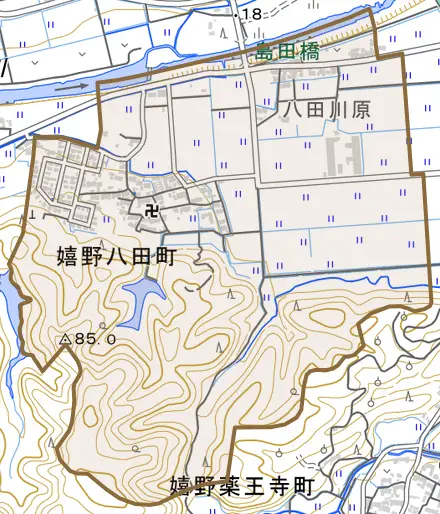 嬉野八田町とその周辺の地図。町の範囲を重ねている