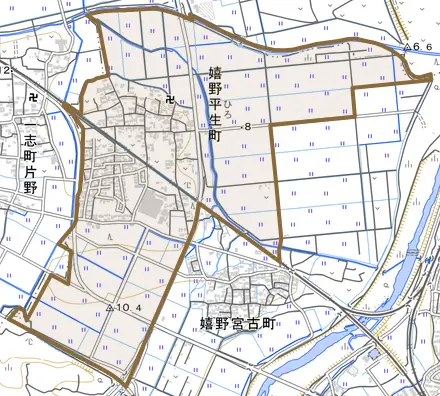 嬉野平生町とその周辺の地図。町の範囲を重ねている