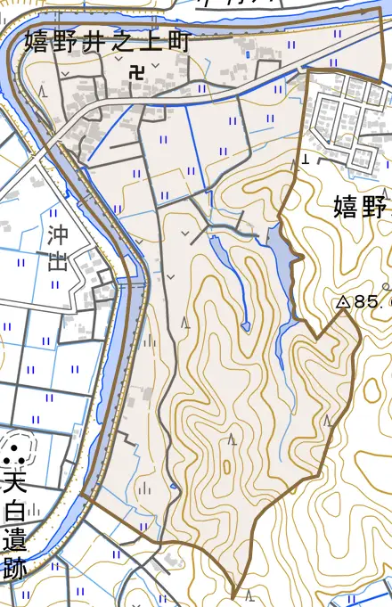 嬉野井之上町とその周辺の地図。町の範囲を重ねている