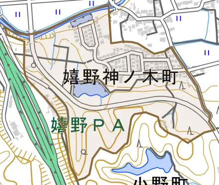嬉野神ノ木町とその周辺の地図。町の範囲を重ねている