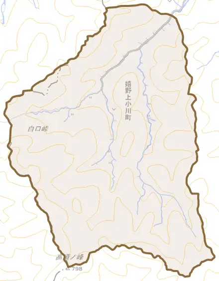 嬉野上小川町とその周辺の地図。町の範囲を重ねている