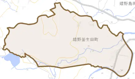 嬉野釜生田町とその周辺の地図。町の範囲を重ねている