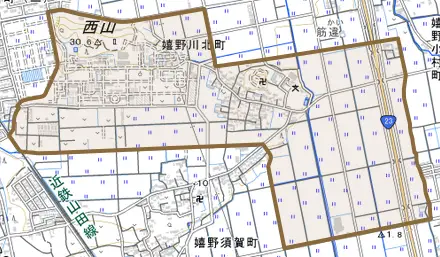 嬉野川北町とその周辺の地図。町の範囲を重ねている