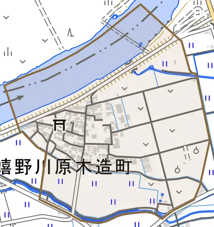 嬉野川原木造町とその周辺の地図。町の範囲を重ねている