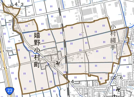 嬉野小村町とその周辺の地図。町の範囲を重ねている