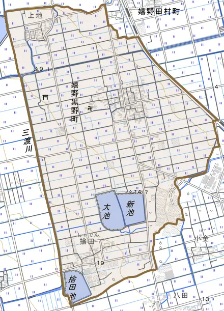 嬉野黒野町とその周辺の地図。町の範囲を重ねている