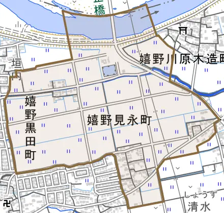 嬉野見永町とその周辺の地図。町の範囲を重ねている