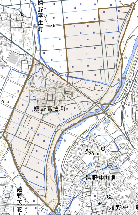 嬉野宮古町とその周辺の地図。町の範囲を重ねている