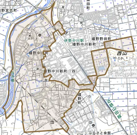 嬉野中川町とその周辺の地図。町の範囲を重ねている