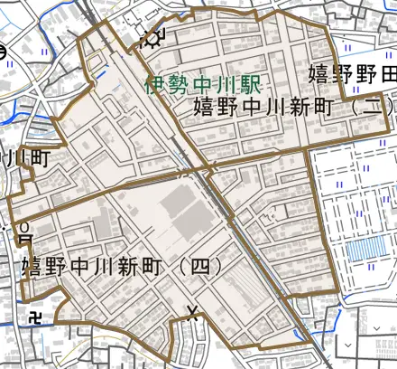 嬉野中川新町とその周辺の地図。町の範囲を重ねている