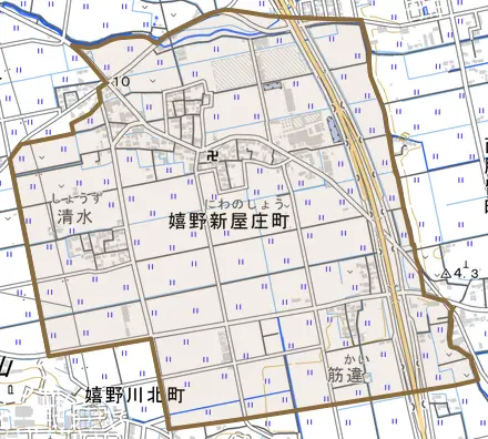 嬉野新屋庄町とその周辺の地図。町の範囲を重ねている
