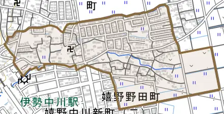 嬉野野田町とその周辺の地図。町の範囲を重ねている