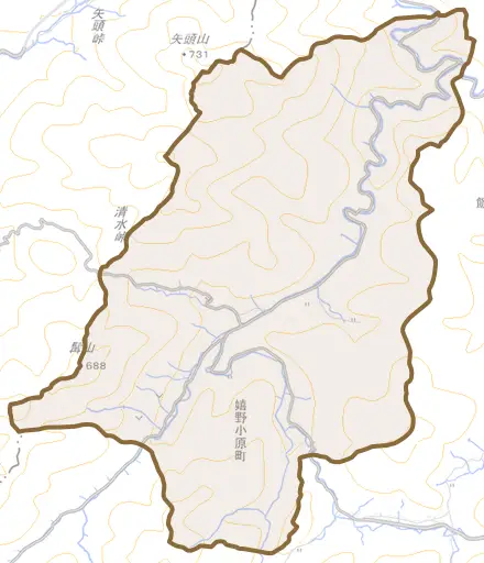 嬉野小原町とその周辺の地図。町の範囲を重ねている