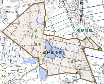 嬉野算所町とその周辺の地図。町の範囲を重ねている