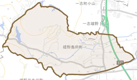 嬉野島田町とその周辺の地図。町の範囲を重ねている