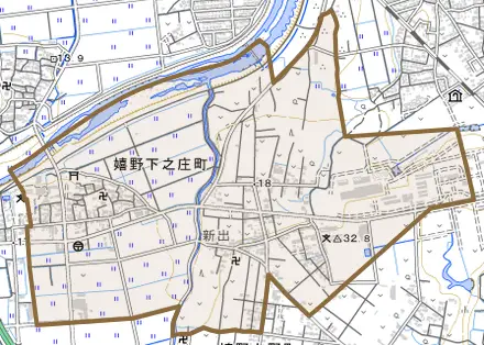 嬉野下之庄町とその周辺の地図。町の範囲を重ねている