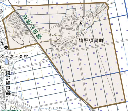 嬉野須賀町とその周辺の地図。町の範囲を重ねている