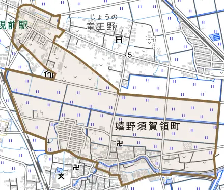 嬉野須賀領町とその周辺の地図。町の範囲を重ねている