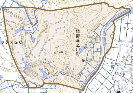 嬉野滝之川町とその周辺の地図。町の範囲を重ねている