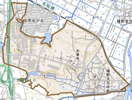 嬉野天花寺町とその周辺の地図。町の範囲を重ねている