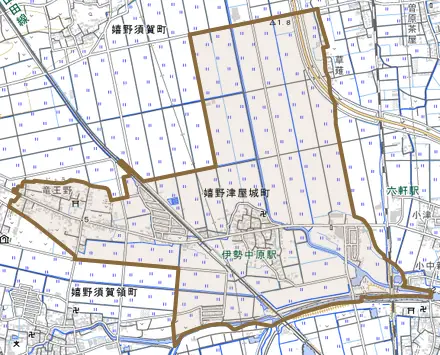 嬉野津屋城町とその周辺の地図。町の範囲を重ねている