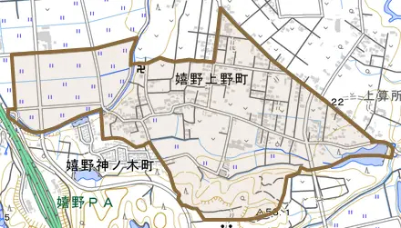 嬉野上野町とその周辺の地図。町の範囲を重ねている