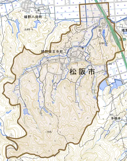 嬉野薬王寺町とその周辺の地図。町の範囲を重ねている