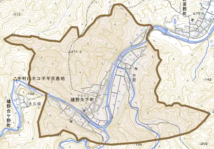 嬉野矢下町とその周辺の地図。町の範囲を重ねている