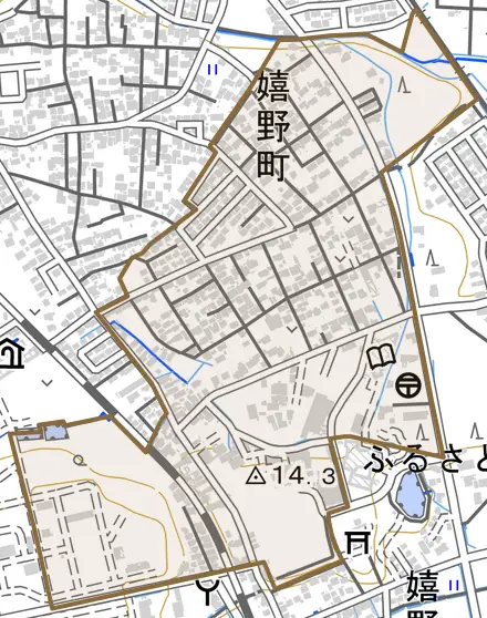 嬉野町とその周辺の地図。町の範囲を重ねている