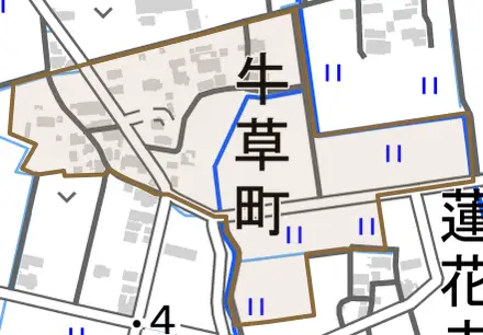 牛草町とその周辺の地図。町の範囲を重ねている