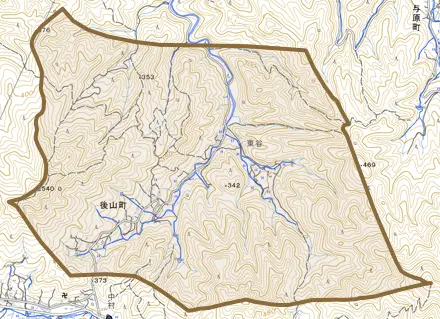 後山町とその周辺の地図。町の範囲を重ねている