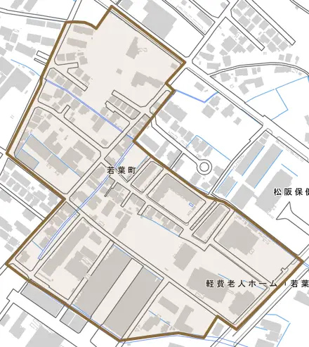 若葉町とその周辺の地図。町の範囲を重ねている