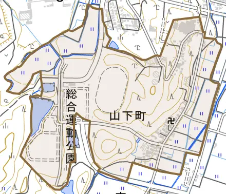 山下町とその周辺の地図。町の範囲を重ねている