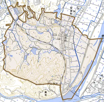 山添町とその周辺の地図。町の範囲を重ねている