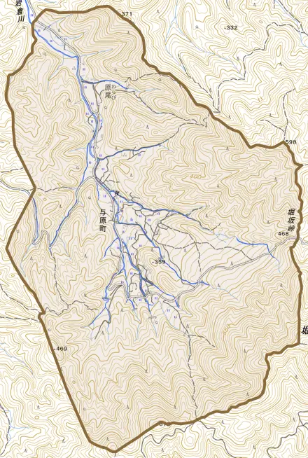 与原町とその周辺の地図。町の範囲を重ねている