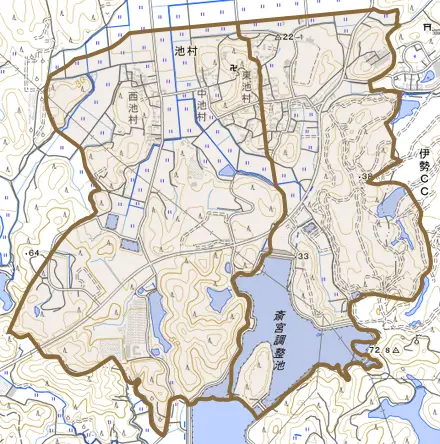 大字池村とその周辺の地図。町の範囲を重ねている