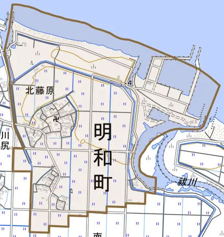 大字北藤原とその周辺の地図。町の範囲を重ねている